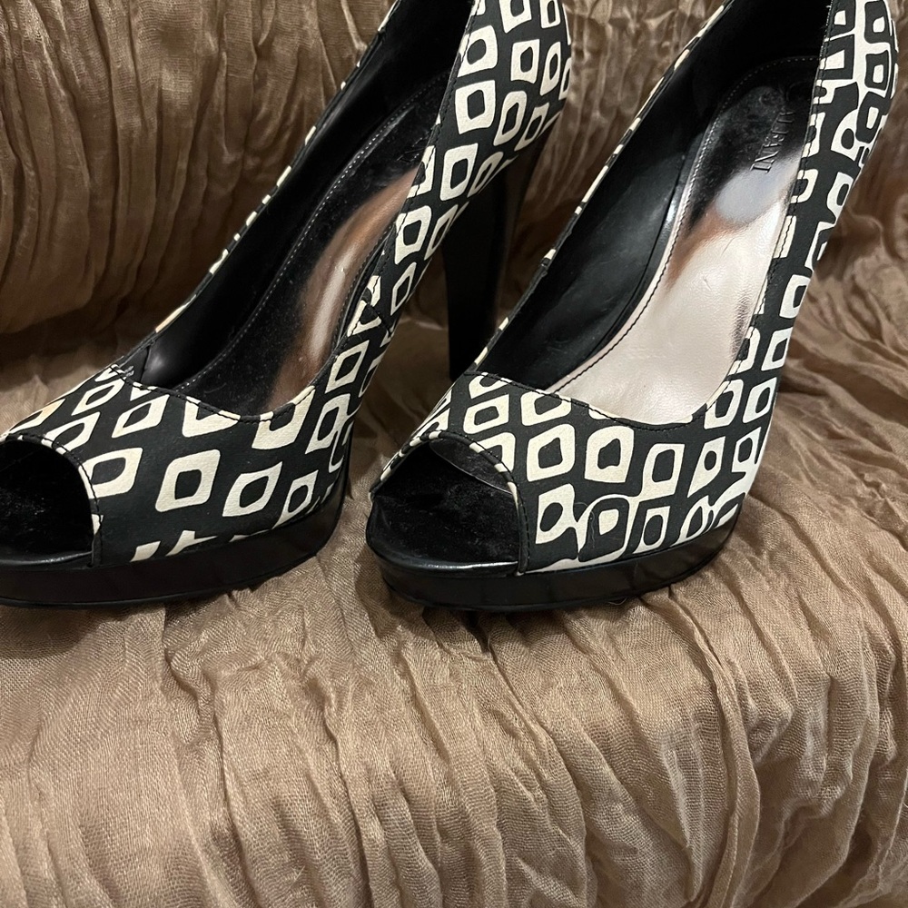 Alfani Black and White Geometric Peep-Toe Heels